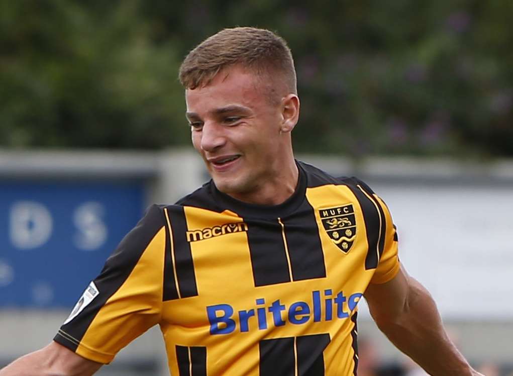 Jack Richards celebrates scoring Maidstone's winner against Wrexham Picture: Andy Jones