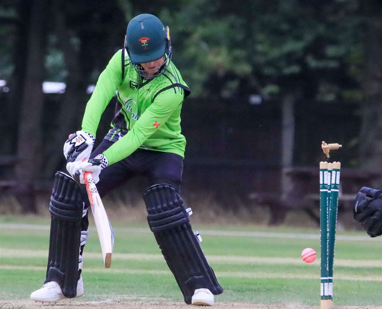 Lordswood's Bradley Goldsack is bowled by Yashraj Joshi. Picture: Allen Hollands