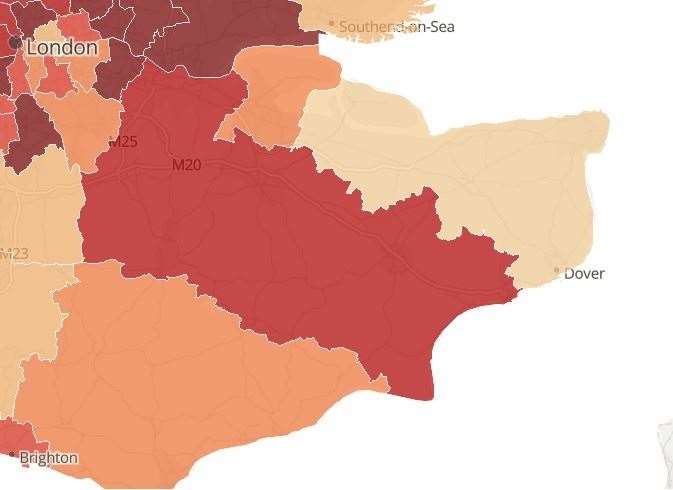 ONS map of Covid-19 spread in Kent after Christmas. The darker areas represent where the level of the virus was highest. Picture: ONS