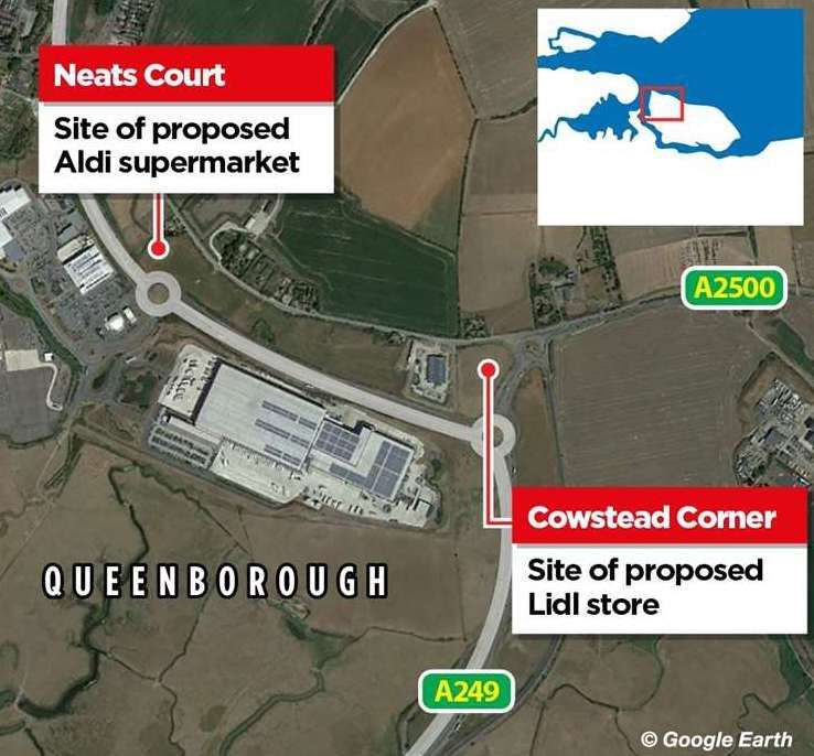 The site of the proposed Lidl, near Cowstead Corner, and the Aldi, at Neats Court