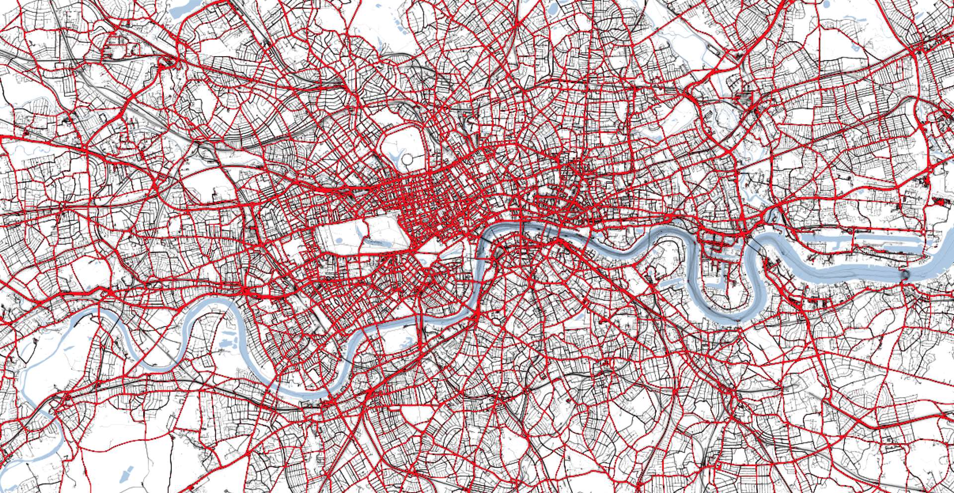 Traffic levels in London at 5pm on Maundy Thursday 2019. The red lines indicate heavy traffic. (TomTom/PA)