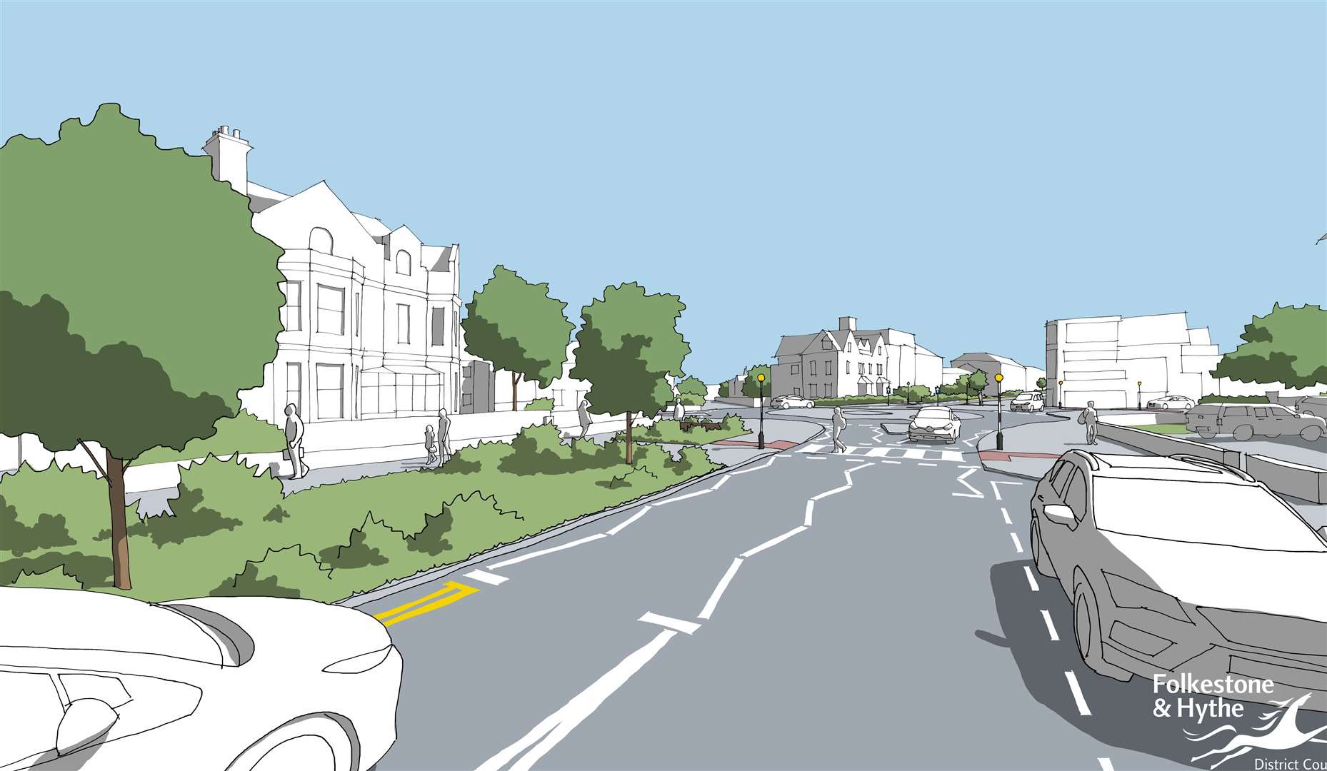 This is the proposed view from Shorncliffe Road towards a new roundabout, which would link with Cheriton Road and Cheriton Gardens. Picture: FHDC