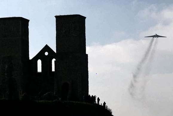 The Vulcan soars past Reculver Towers. Picture: Steve Groves.