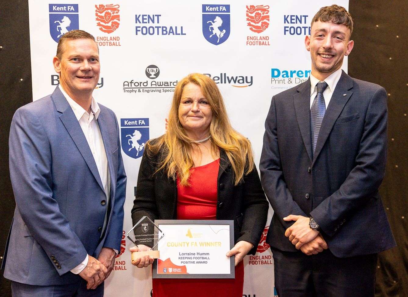 It proved a successful evening for Lorraine Humm as the head of Maidstone United Raiders collected the Keeping Football Positive and the Green Hero of the Year awards. Picture: Kent FA