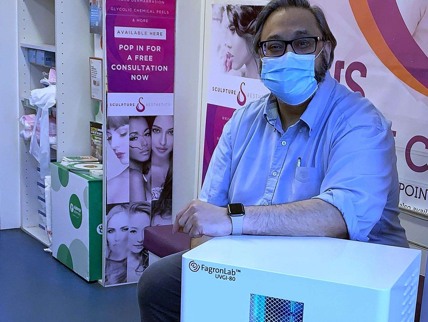 The air disinfectant unit at Regency Pharmacy with consultant pharmacist, Sunil Kochhar