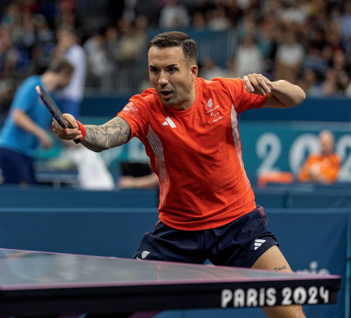 Tunbridge Wells' Will Bayley on his way to victory over Germany's Bjoern Schnake in the quarter-finals of the men's class 7 table tennis at the Paris Paralympics. Picture: ParalympicsGB/Sam Mellish