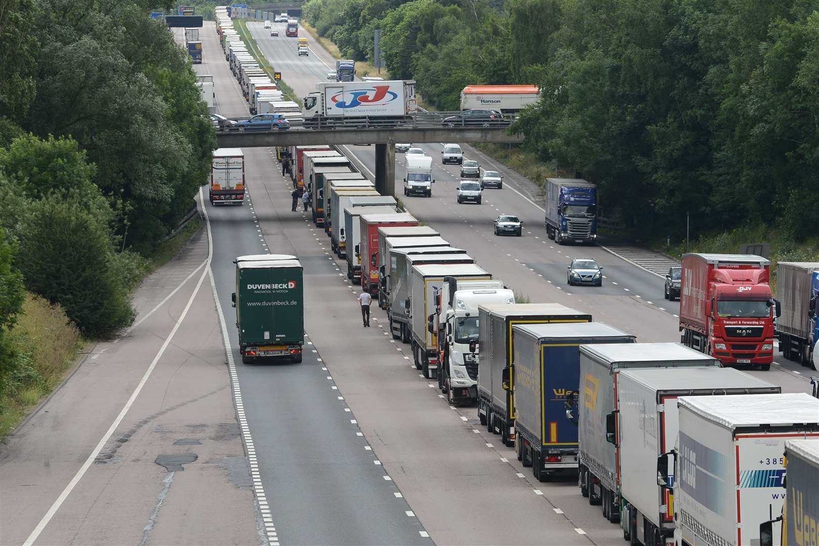 Lorries queing coast bound between junction 9 and junction 10 in Ashford. Picture: Gary Browne