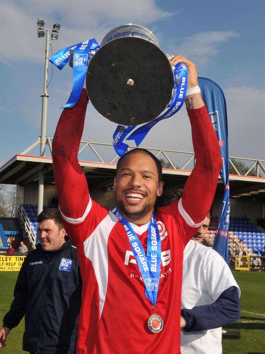 Ross Lafayette with the Conference South trophy at Welling Picture: Keith Gillard