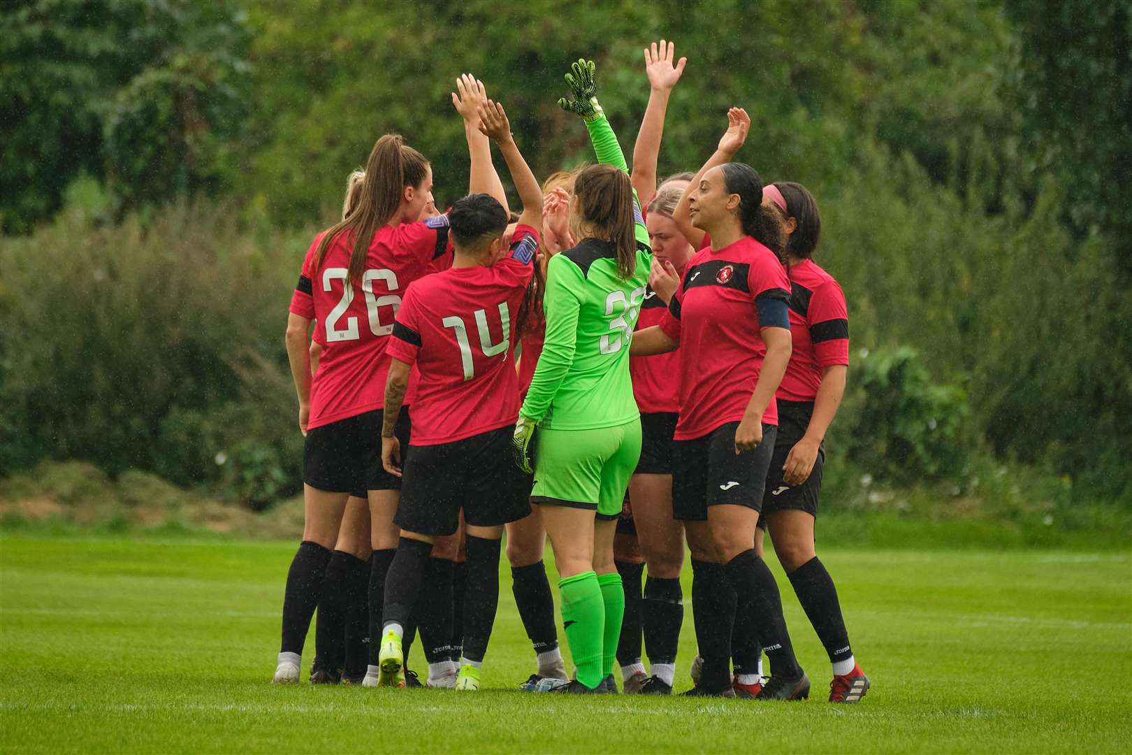 Gillingham Women FC team huddle before the FA Women's National League Southern Premier game between Gillingham and Hounslow at Rochester United Sports Ground in Strood. Picture: Sam Mallia Photography