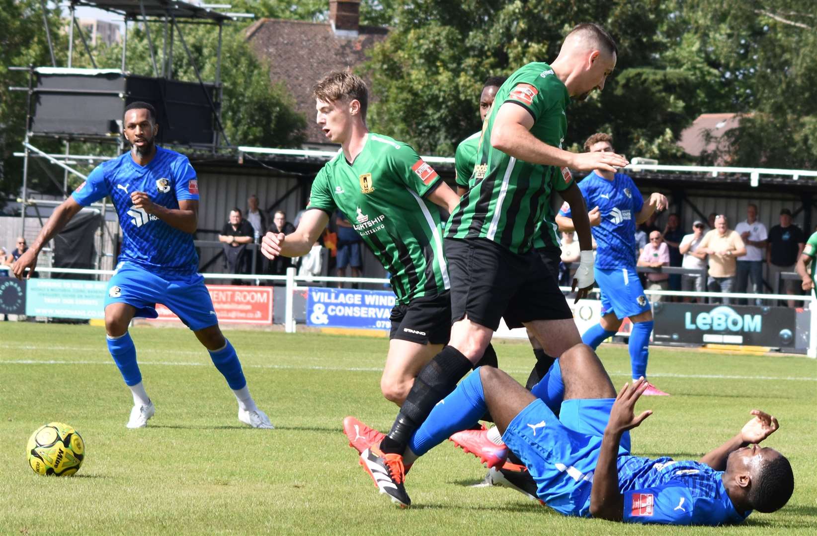 Cray Valley (green) were beaten 2-1 by Dartford on Saturday. Picture: Alan Coomes