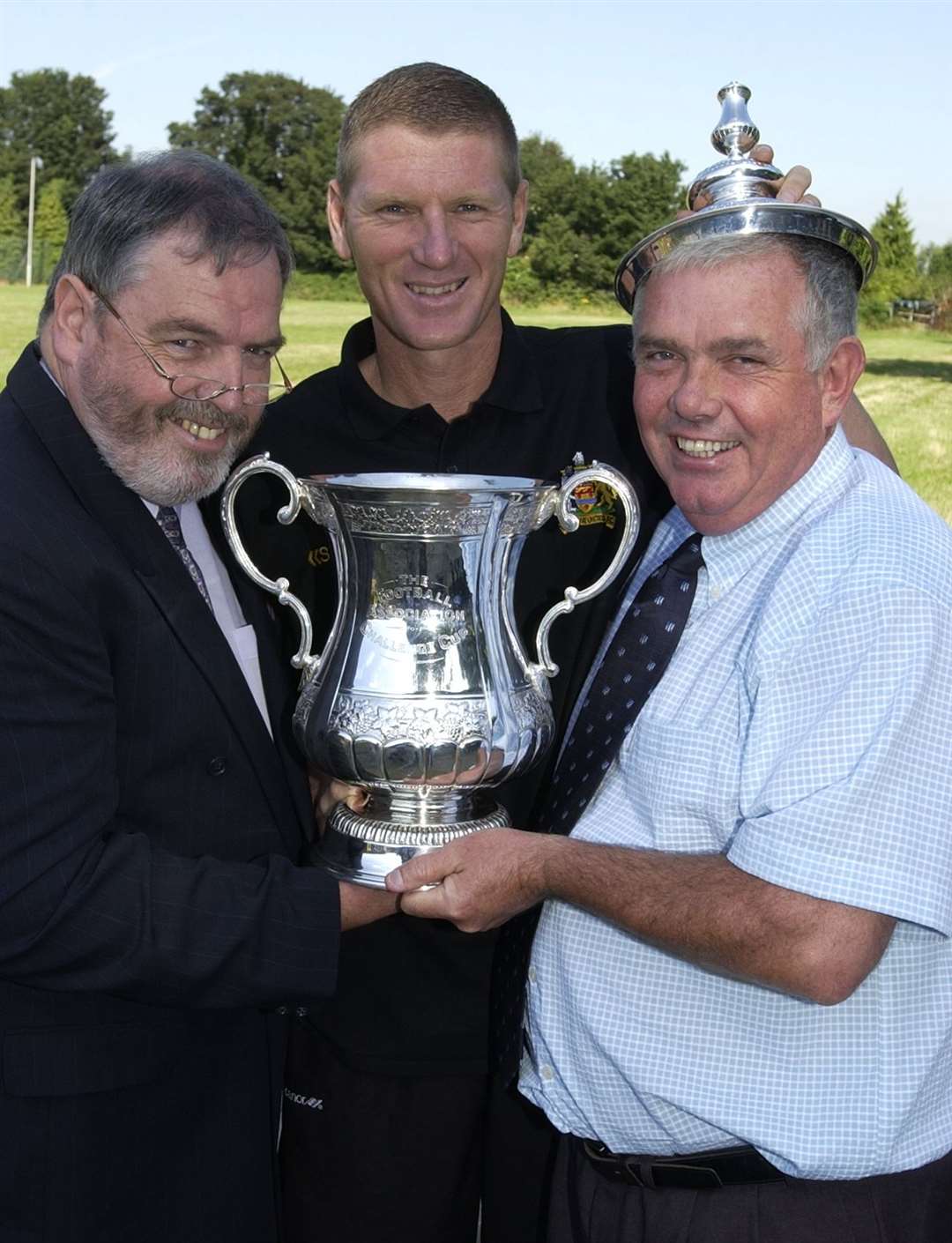 Jim Ward poses with the FA Cup in his Maidstone days alongside chairman Paul Bowden-Brown and star striker Steve Butler Picture Grant Falvey