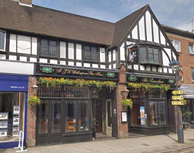 The Sennockian, with its large glass windows at the front, is towards the bottom end of Sevenoaks High Street