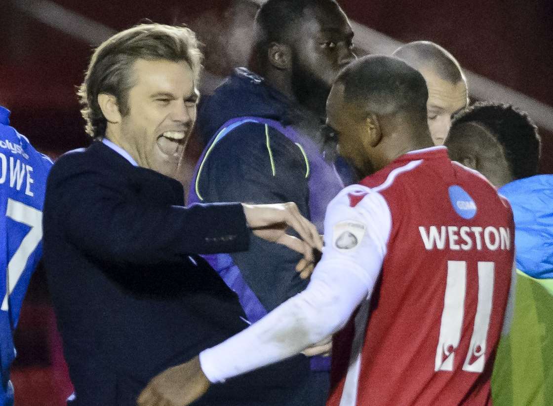 Daryl McMahon with Myles Weston after the game Picture: Andy Payton