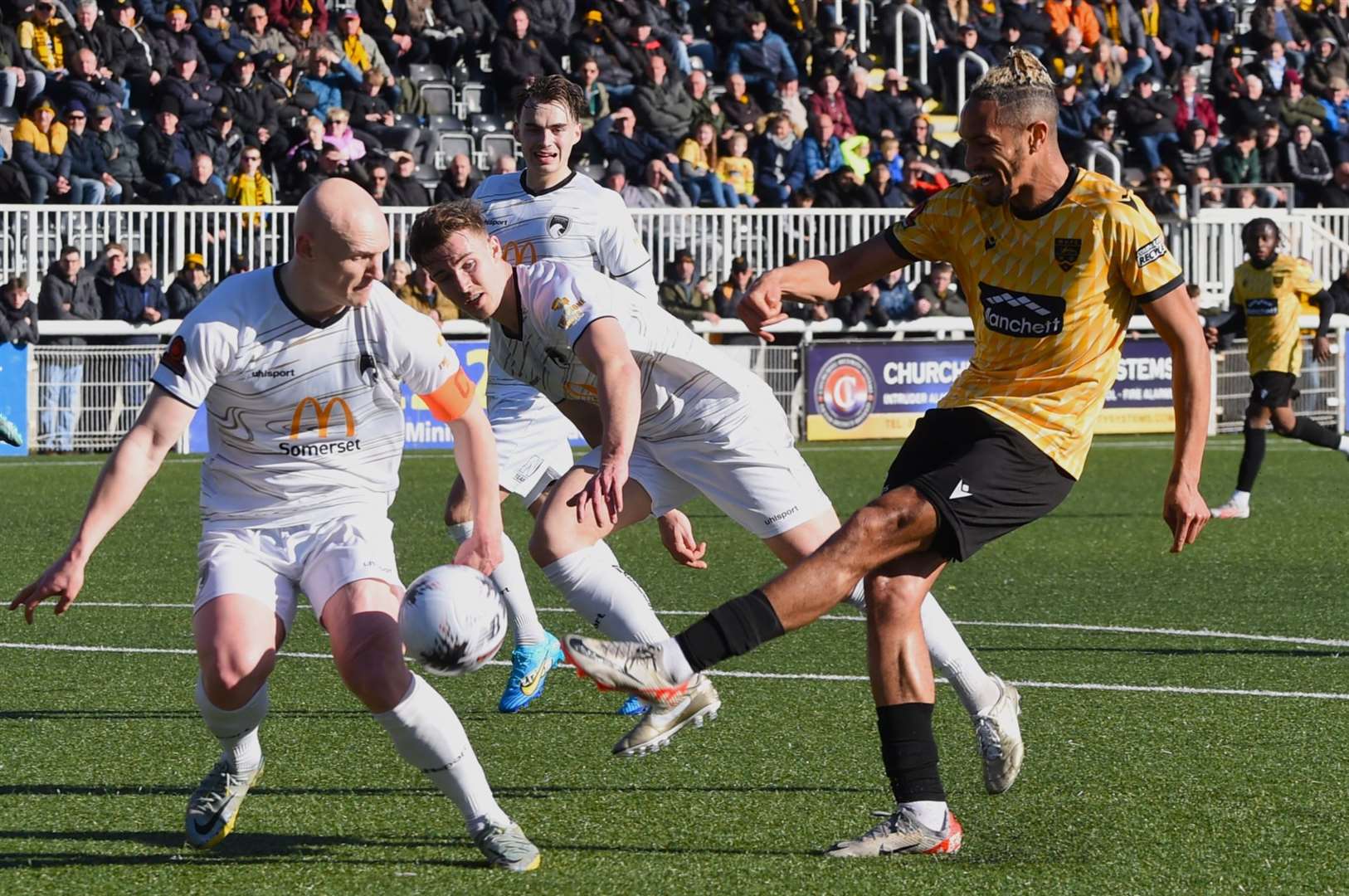 Maidstone forward Matt Bentley gets a shot in against Weston last weekend Picture: Steve Terrell