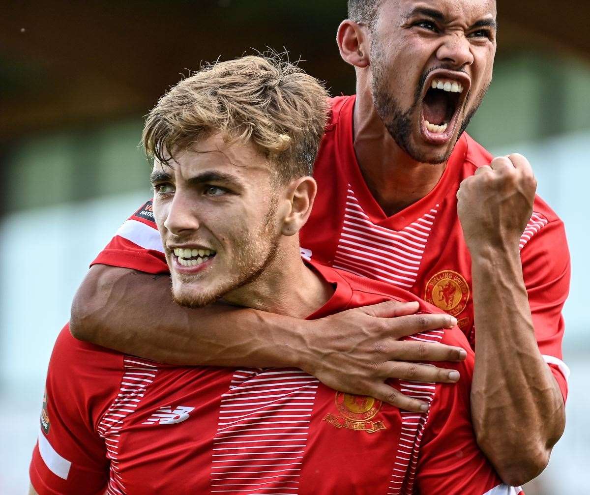 Welling hat-trick hero Antony Papadopoulos celebrates. Picture: Dave Budden