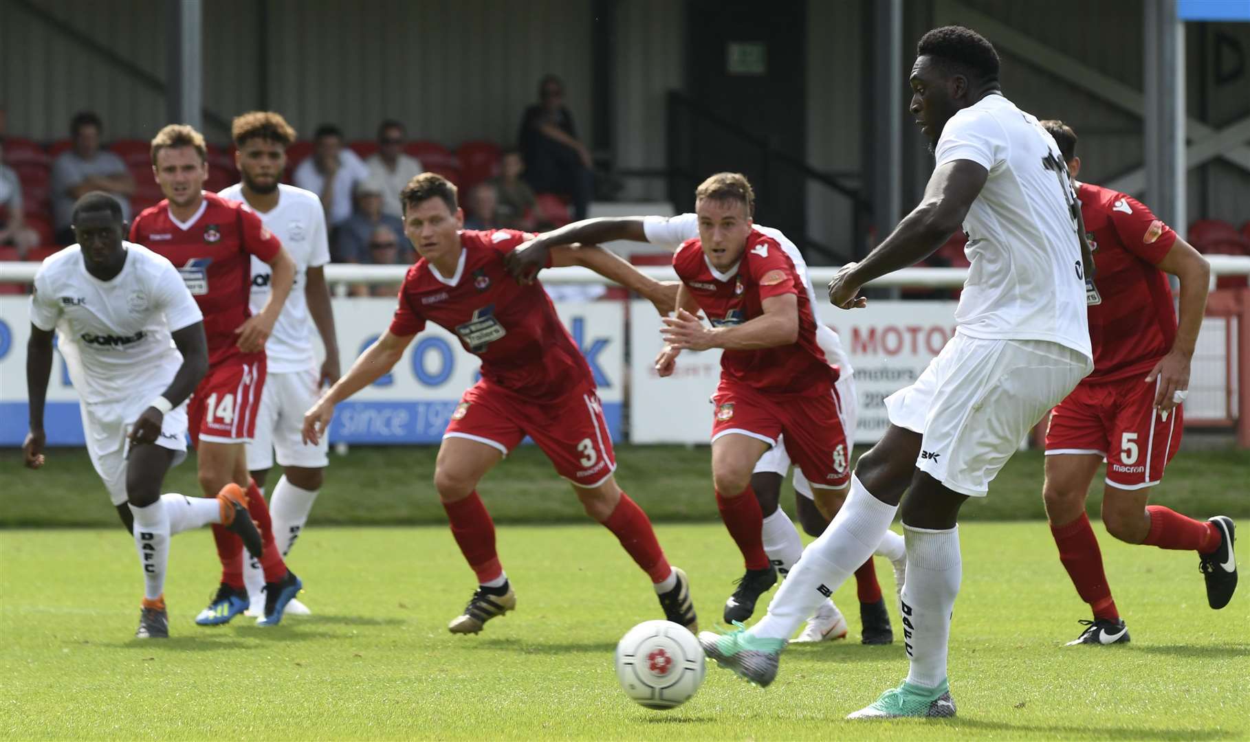 Dover's Inih Effiong had this penalty saved by Wrexham's Rob Lainton on Saturday Picture: Tony Flashman