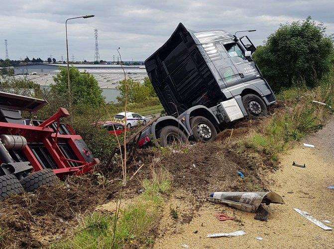 Two lorries have crashed just before the Dartford Crossing bridge in Essex, picture Paul Lucas @Torontogill