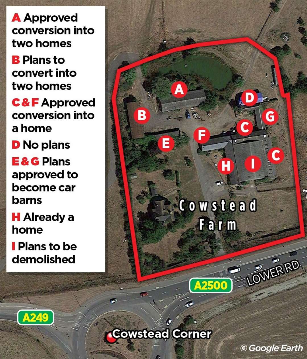 The plans for the different buildings at Cowstead Farm off of Cowstead Corner