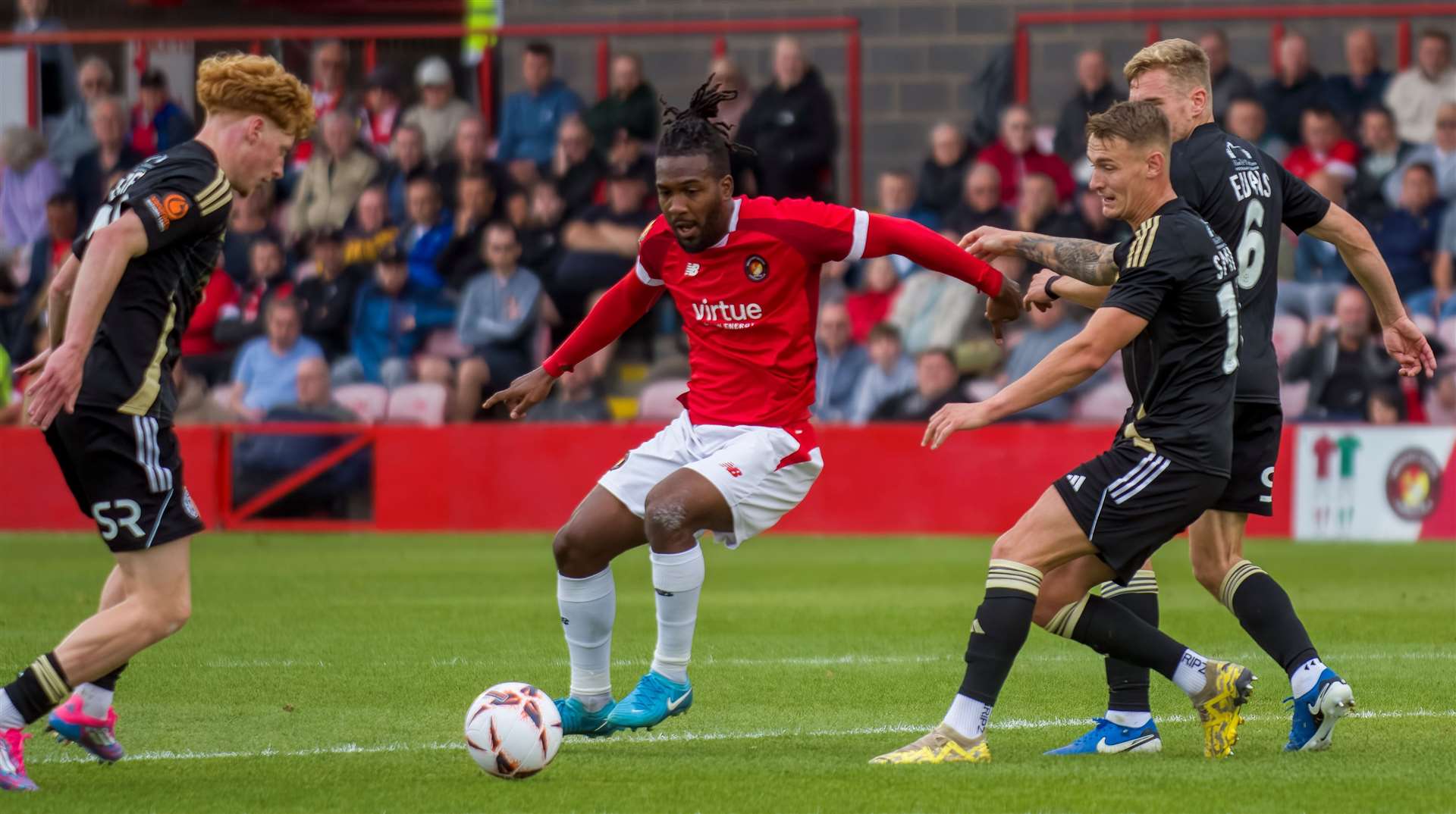 Ebbsfleet striker Dominic Poleon battles against FC Halifax on Saturday. Picture: Ed Miller/EUFC