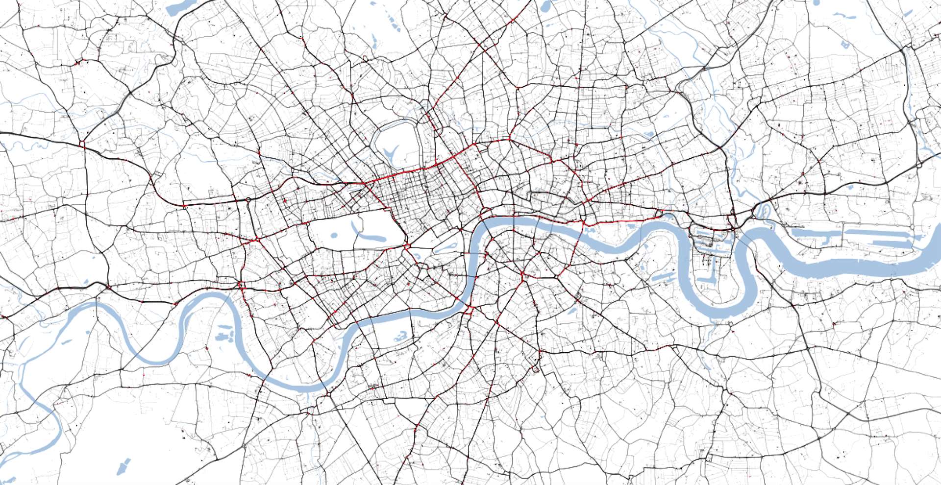 Traffic levels in London at 5pm on Thursday. The grey lines indicate low traffic. (TomTom/PA)