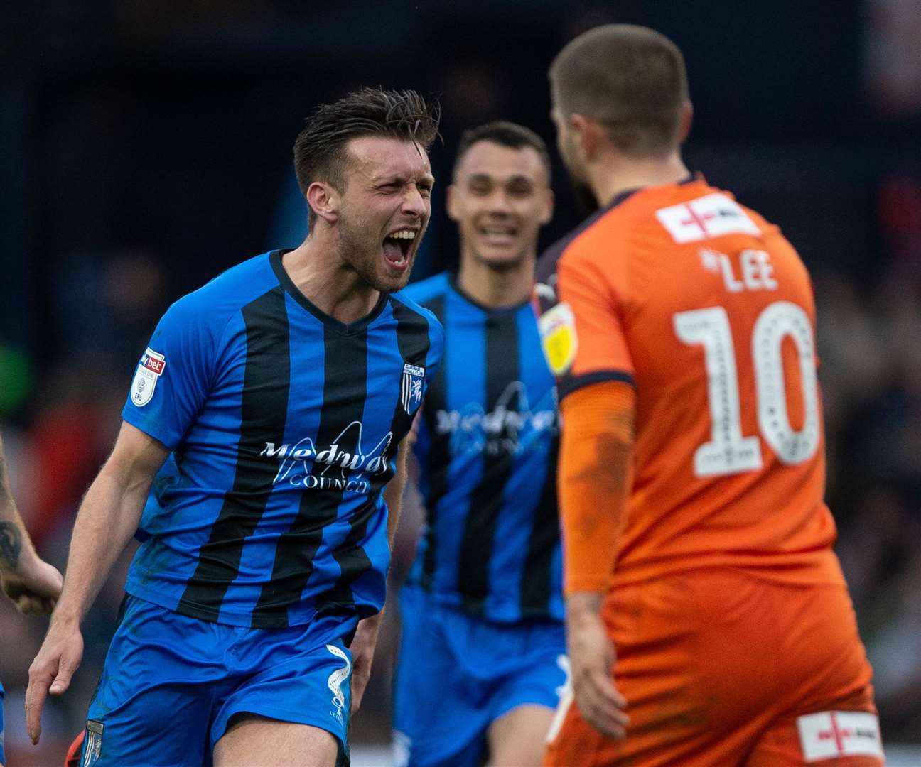 Luke O'Neill celebrates his goal at Luton Picture: Ady Kerry