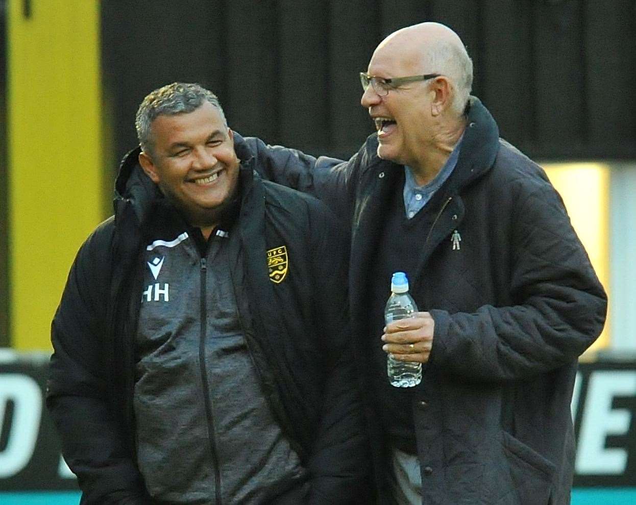 Hakan Hayrettin and John Still share a joke during pre-season Picture: Steve Terrell