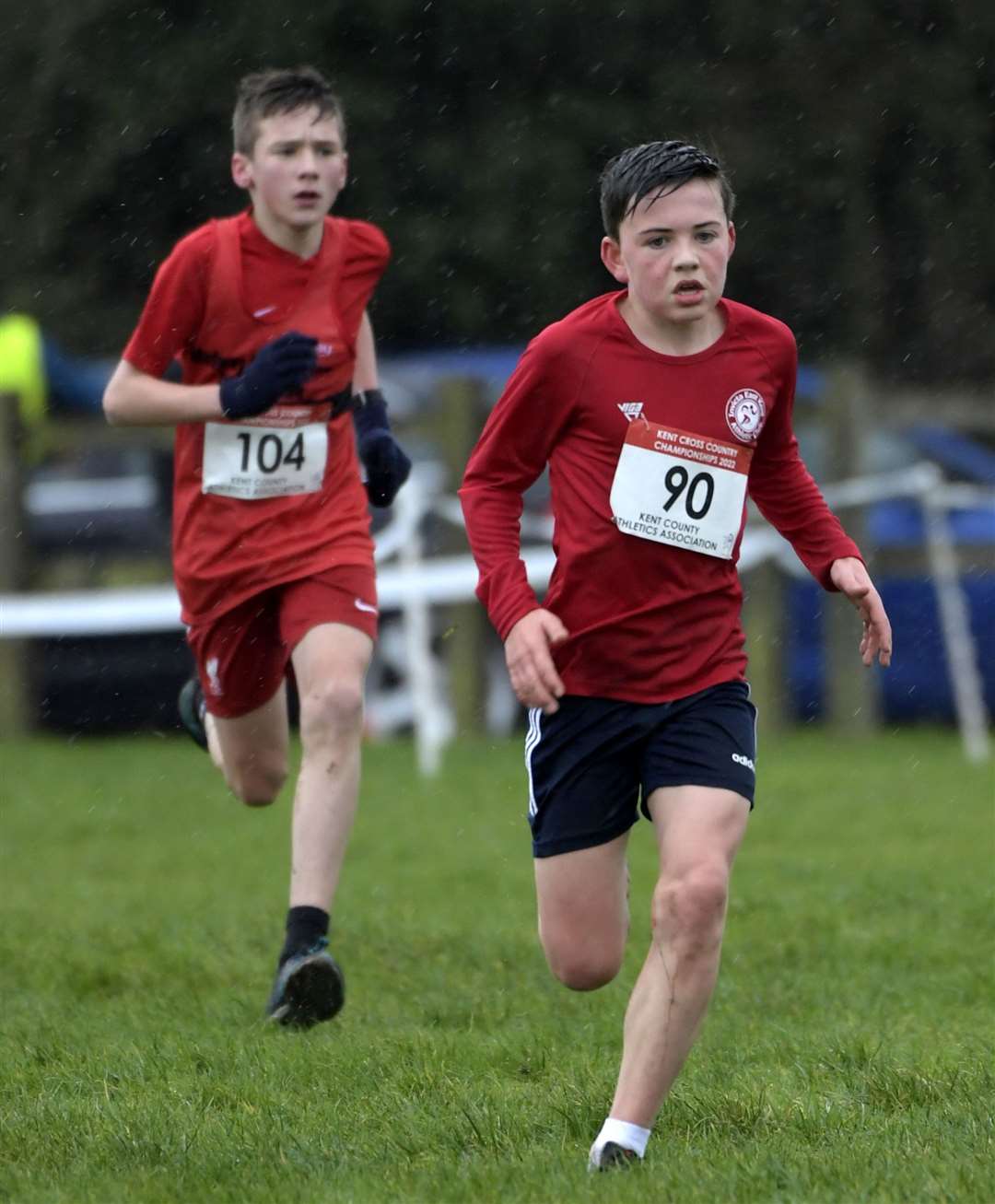 Invicta East Kent's Jonson Foster gets ahead of Medway and Maidstone's Owen Tucker as the pair battle it out in the under-13 race. Picture: Barry Goodwin (54151894)