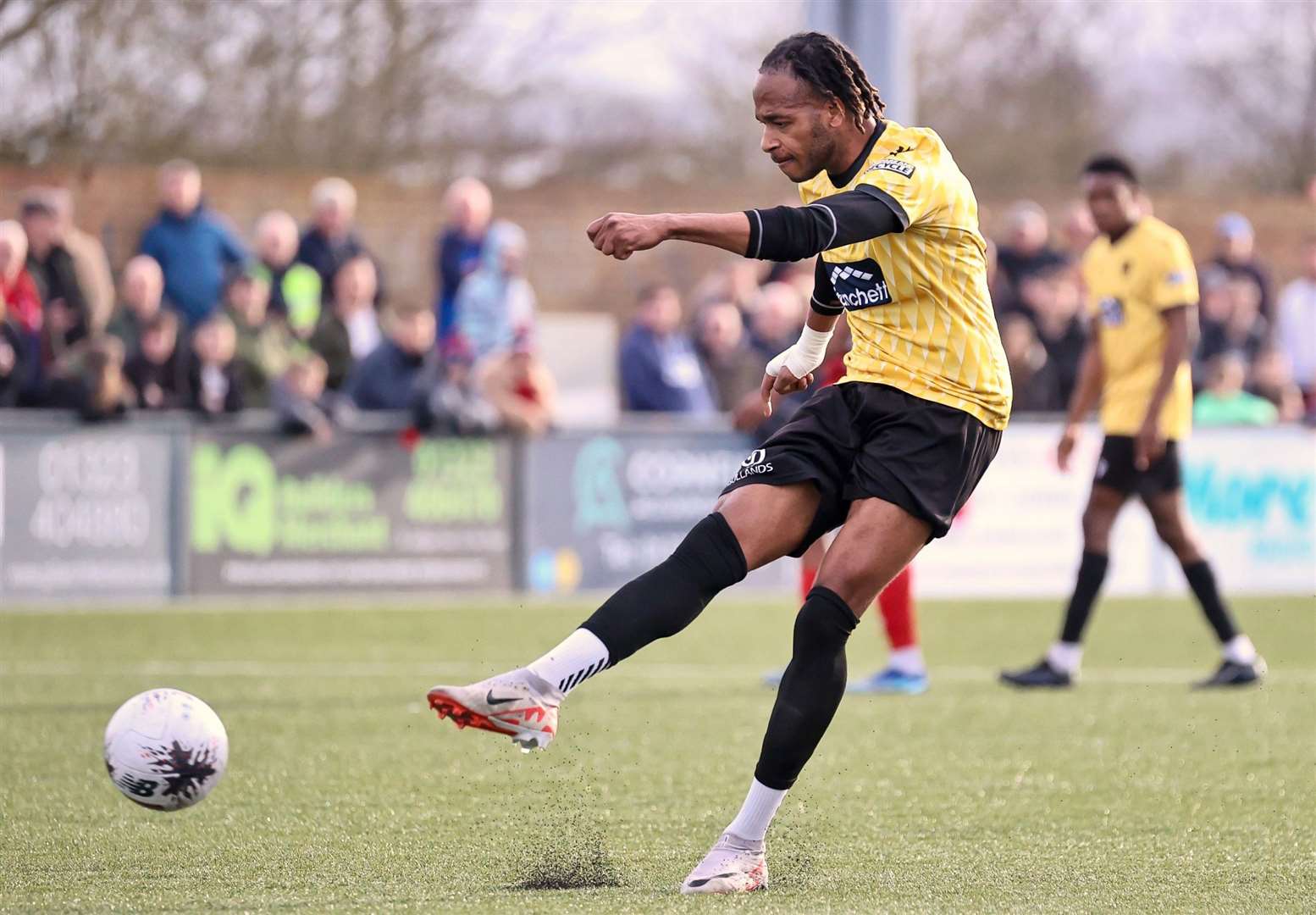 Lamar Reynolds scores his second goal at Eastbourne. Picture: Helen Cooper