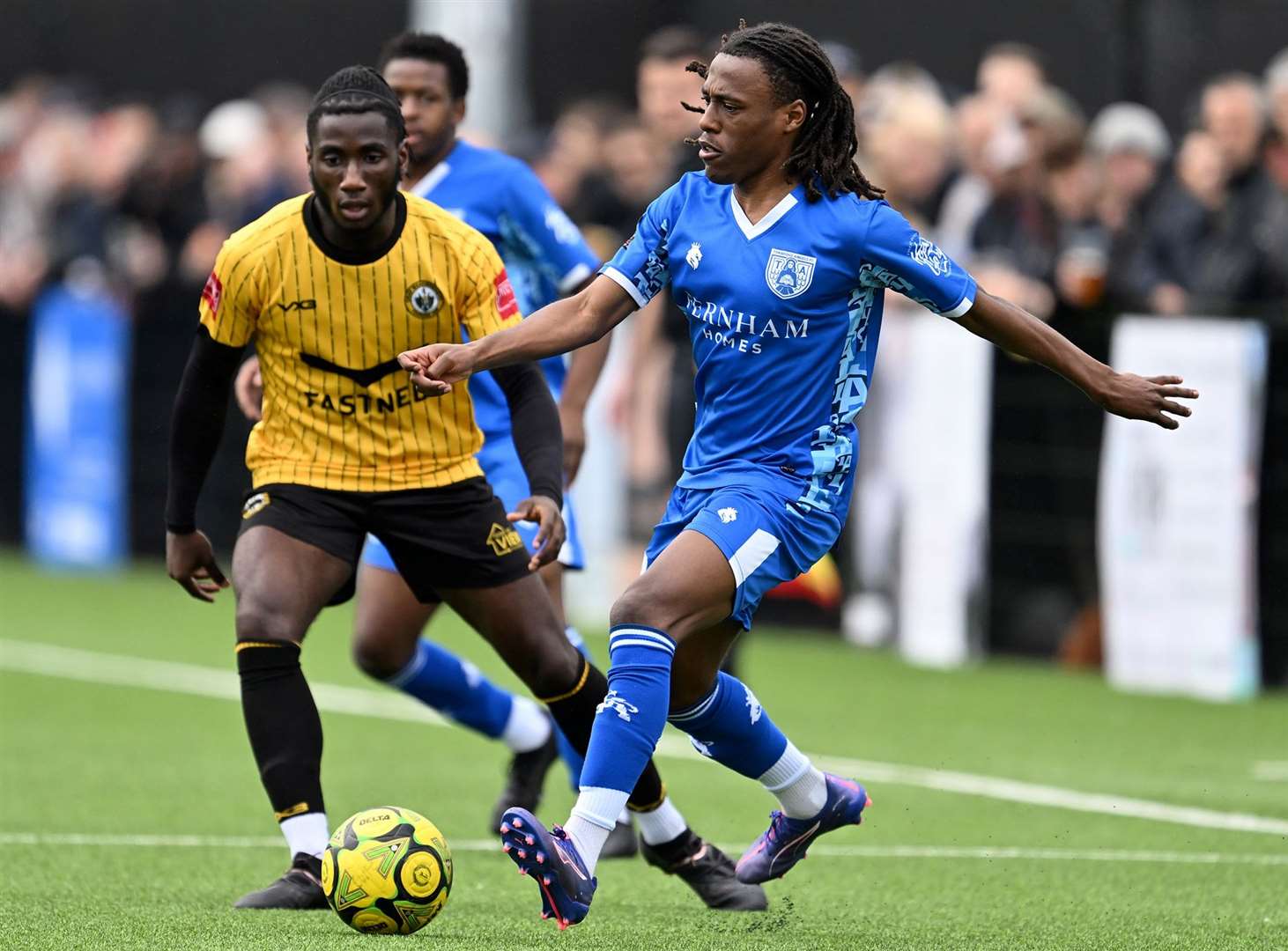 FA Cup action as Tonbridge’s Tariq Hinds is closed down at Flamingo Park. Picture: Keith Gillard