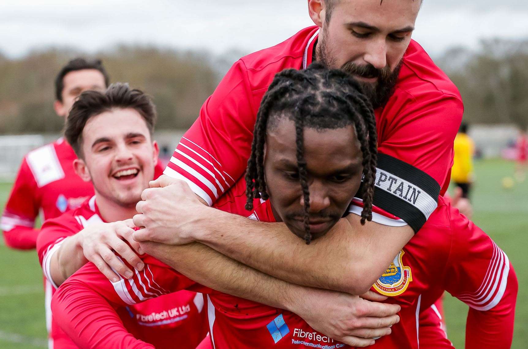 Jefferson Aibangbee celebrates his first goal with skipper Tom Mills in Whitstable's 6-1 win away to Kennington. Picture: Les Biggs