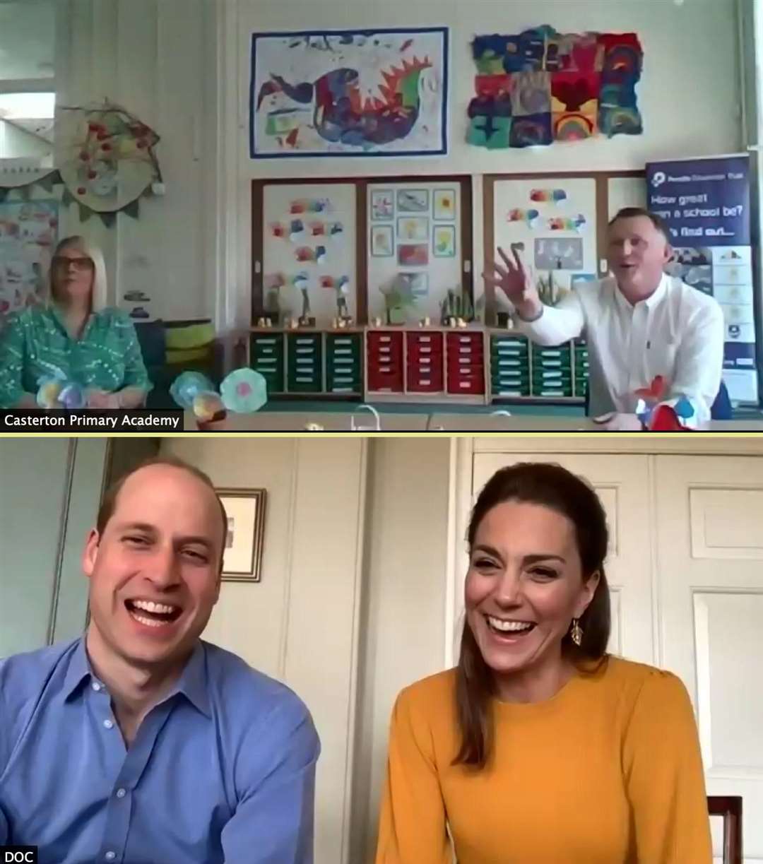 William and Kate share a joke during their video call to a Burnley school (Kensington Palace/PA)