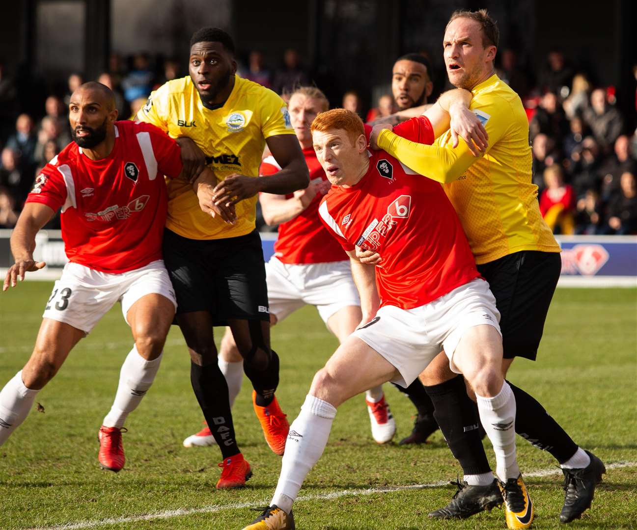 Inih Effiong and Scott Doe prepare to defend a corner at Salford Picture: Salford City FC