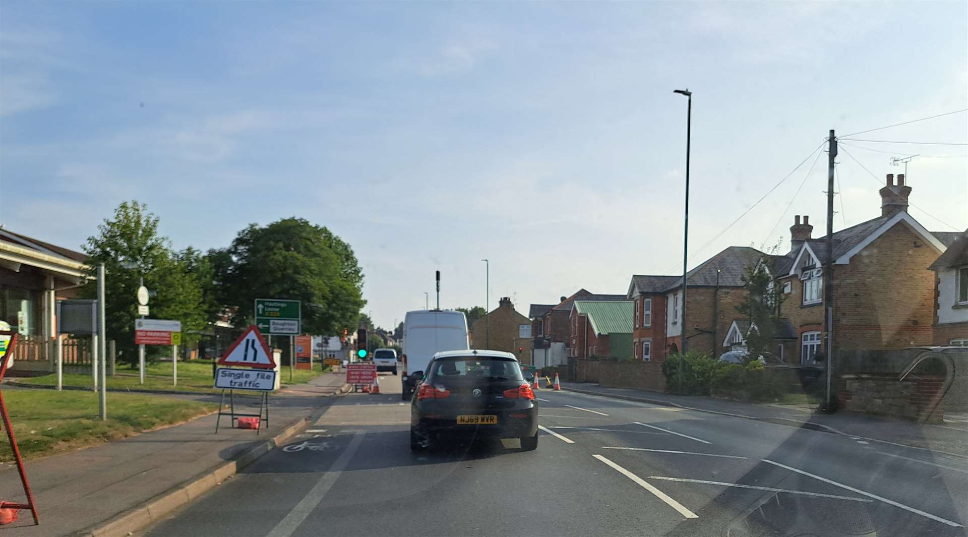 There are temporary four-phase traffic lights at The Swan junction