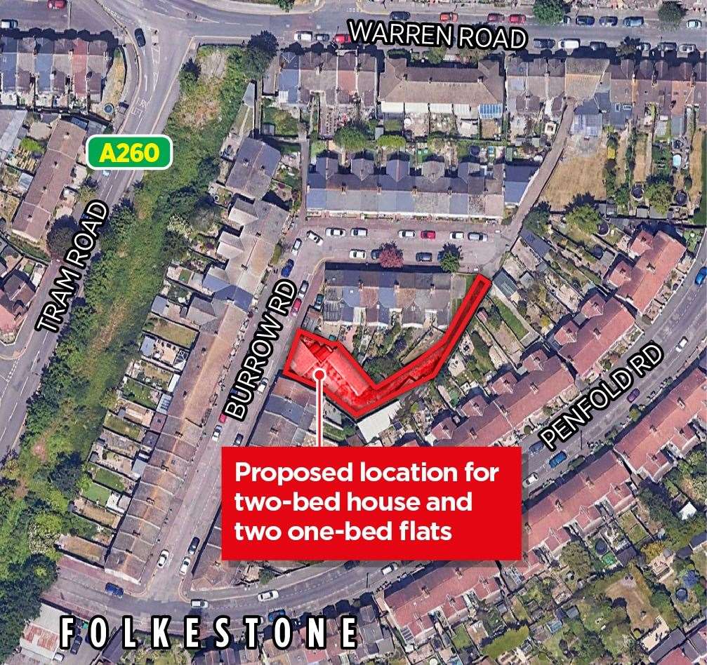 The site in Burrow Road, Folkestone, is earmarked for one two-bedroom house and two one-bedroom apartments