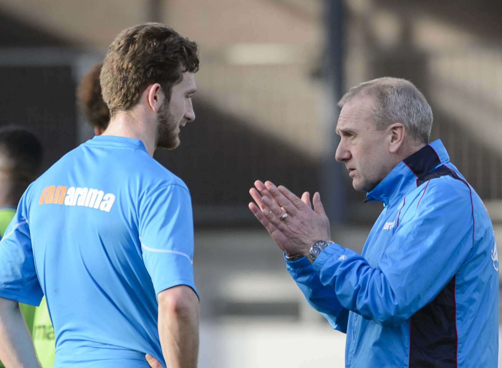 Keaton Wood in conversation with Dartford manager Tony Burman Picture: Andy Payton