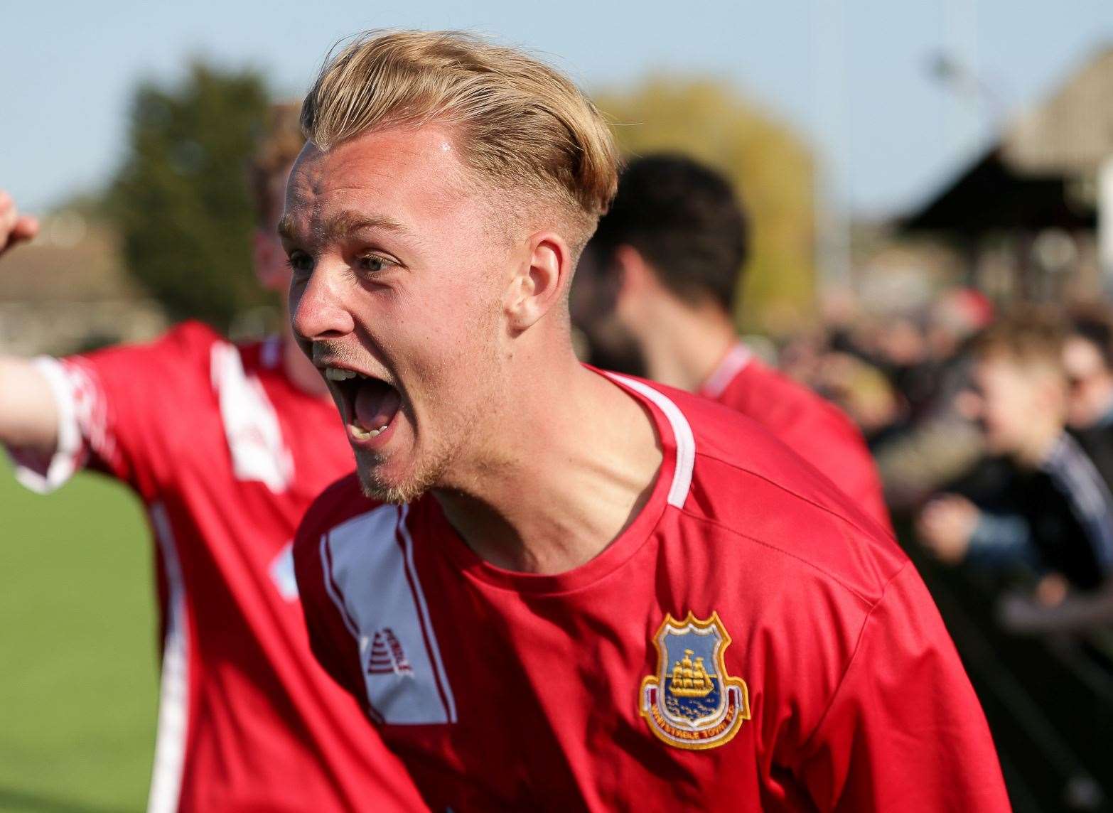 Whitstable's James Jeffrey celebrates his weekend winner against Phoenix Sports. Picture: Les Biggs