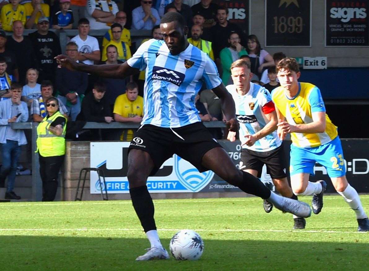 Levi Amantchi's penalty was saved at Torquay – the players have been talking about who takes the next one. Picture: Steve Terrell