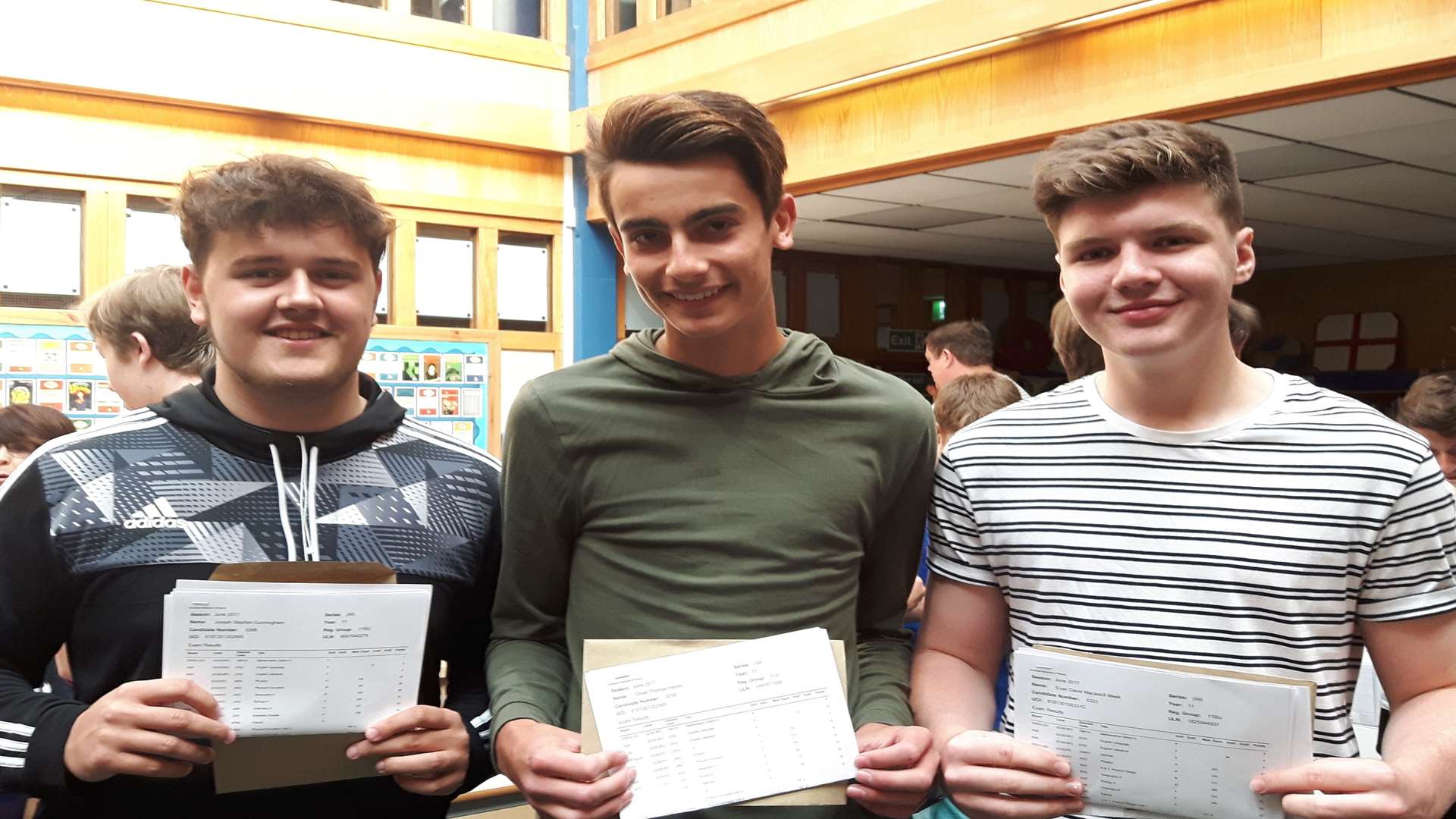 Joe Cunningham, Oliver Hanley and Euan Meek at results day at Norton Knatchbull