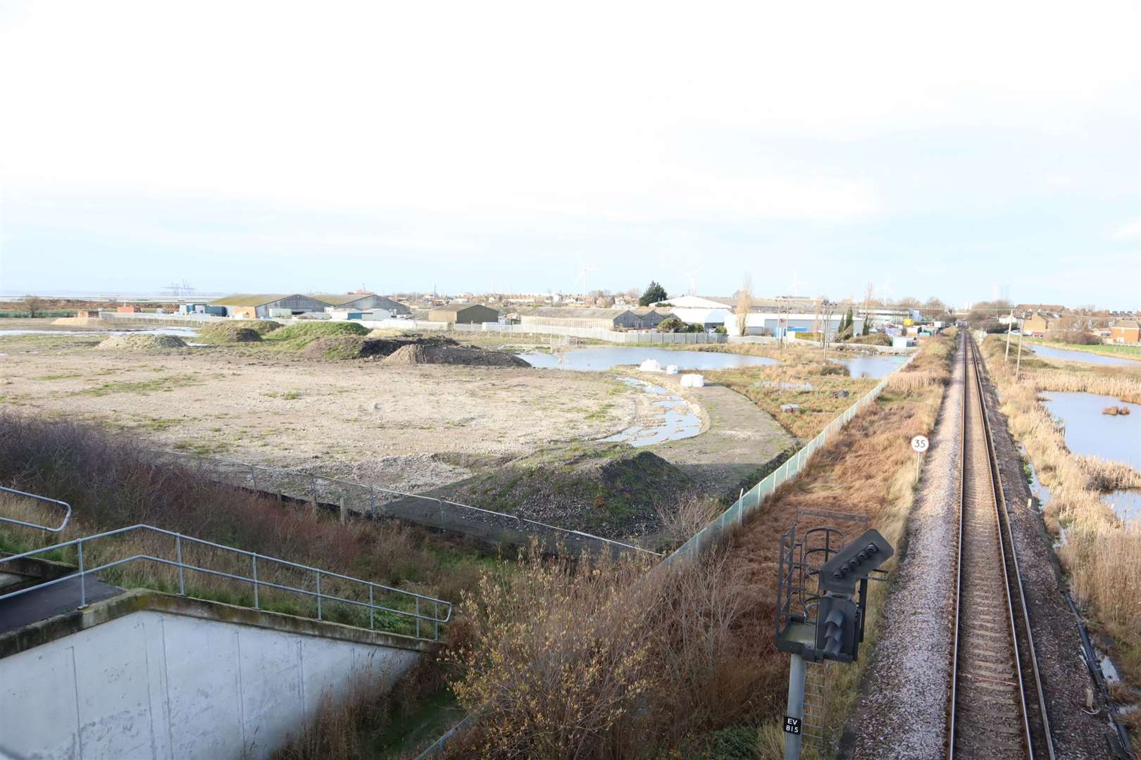 Start of the levelling-up of the former steel rolling mill site at Rushenden, Sheppey, off Thomsett Way in November 2020. The railway line is on the right