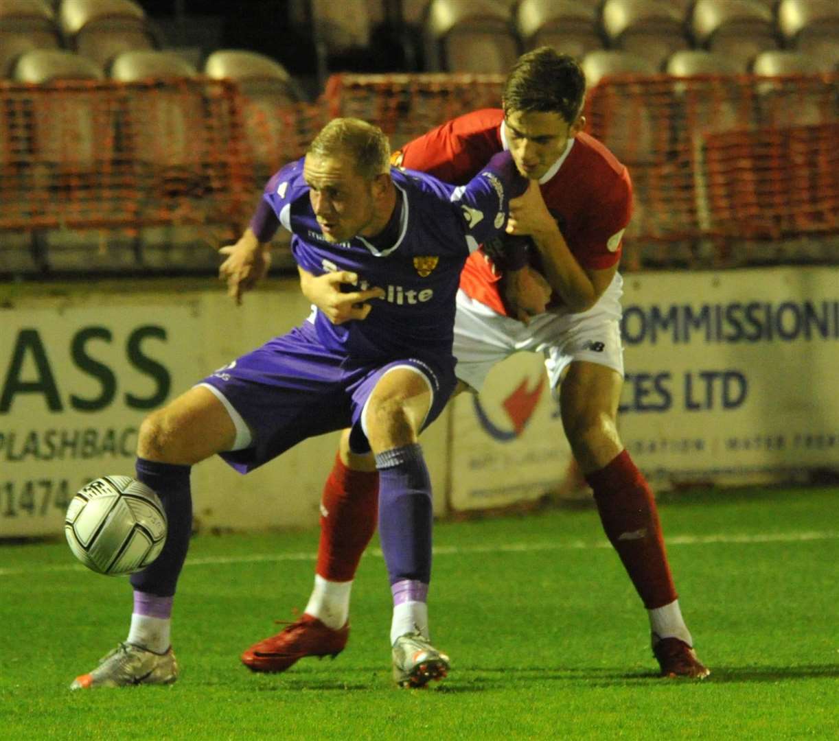 Maidstone striker Scott Rendell protects the ball against Ebbsfleet Picture: Steve Terrell