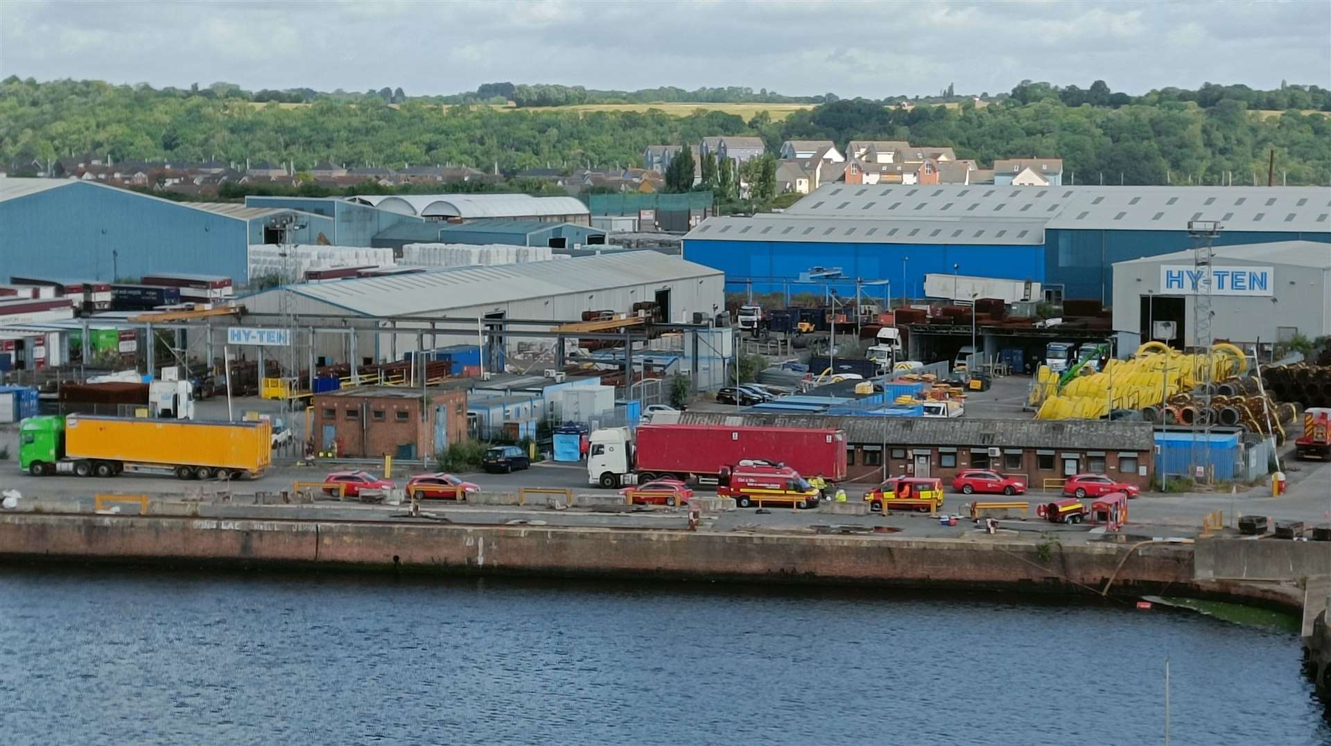 Fire service vehicles at the Chatham Freight building at Chatham Docks