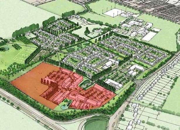 An aerial drawing showing the Perry Court development, with the employment land in red