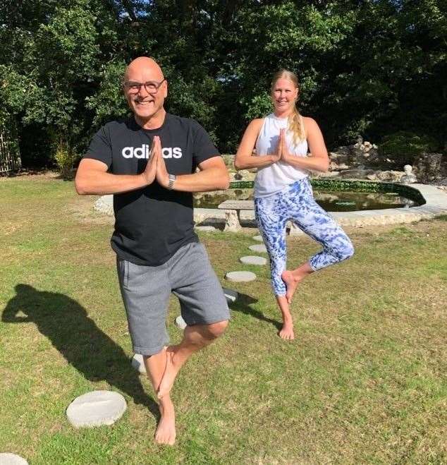 Masterchef Gregg Wallace completes a yoga session with Tammy Foster, from Stone, near Dartford