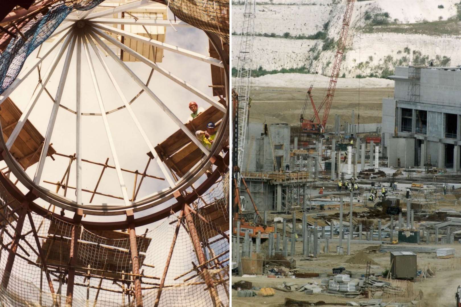 One of Bluewater's domes under construction, and the outside site, pictured in 1997