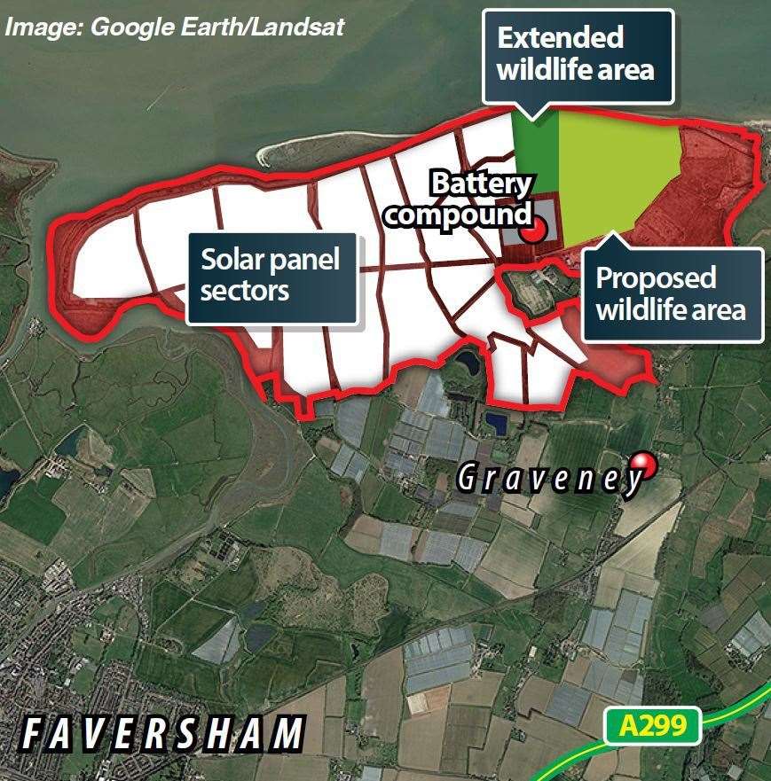 The location of the solar farm - set to be the UK’s biggest at Graveney, near Faversham