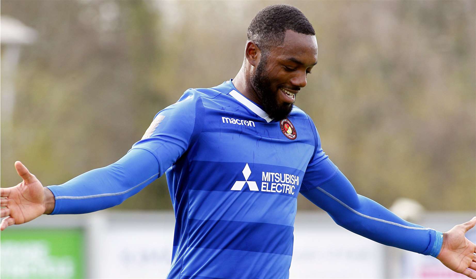 Gozie Ugwu celebrates scoring for Ebbsfleet against Maidstone Picture: Sean Aidan