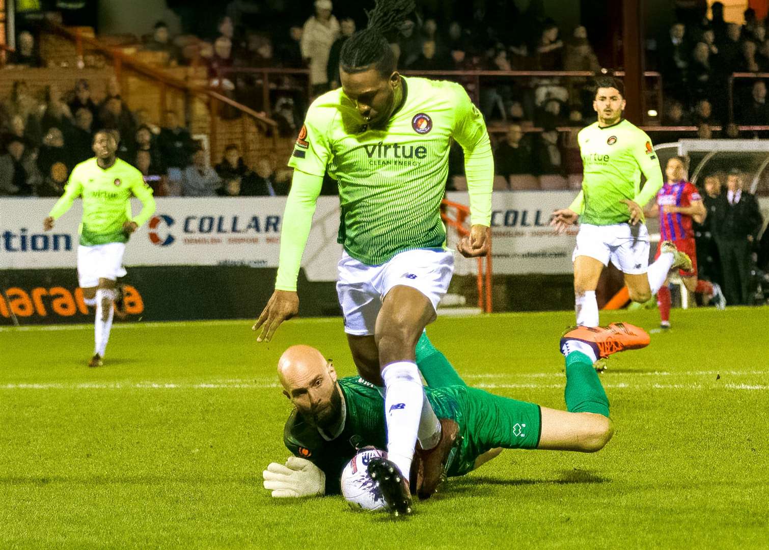 Ebbsfleet striker Dominic Poleon tries to get beyond Aldershot keeper Jordi van Stappershoef on Tuesday night. Picture: Ed Miller/EUFC