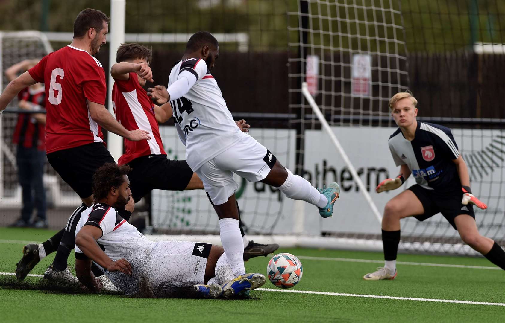 Striker Warren Mfula gets the first of his two goals as Faversham beat Kent United in the Kent Senior Trophy. Picture: Ian Scammell