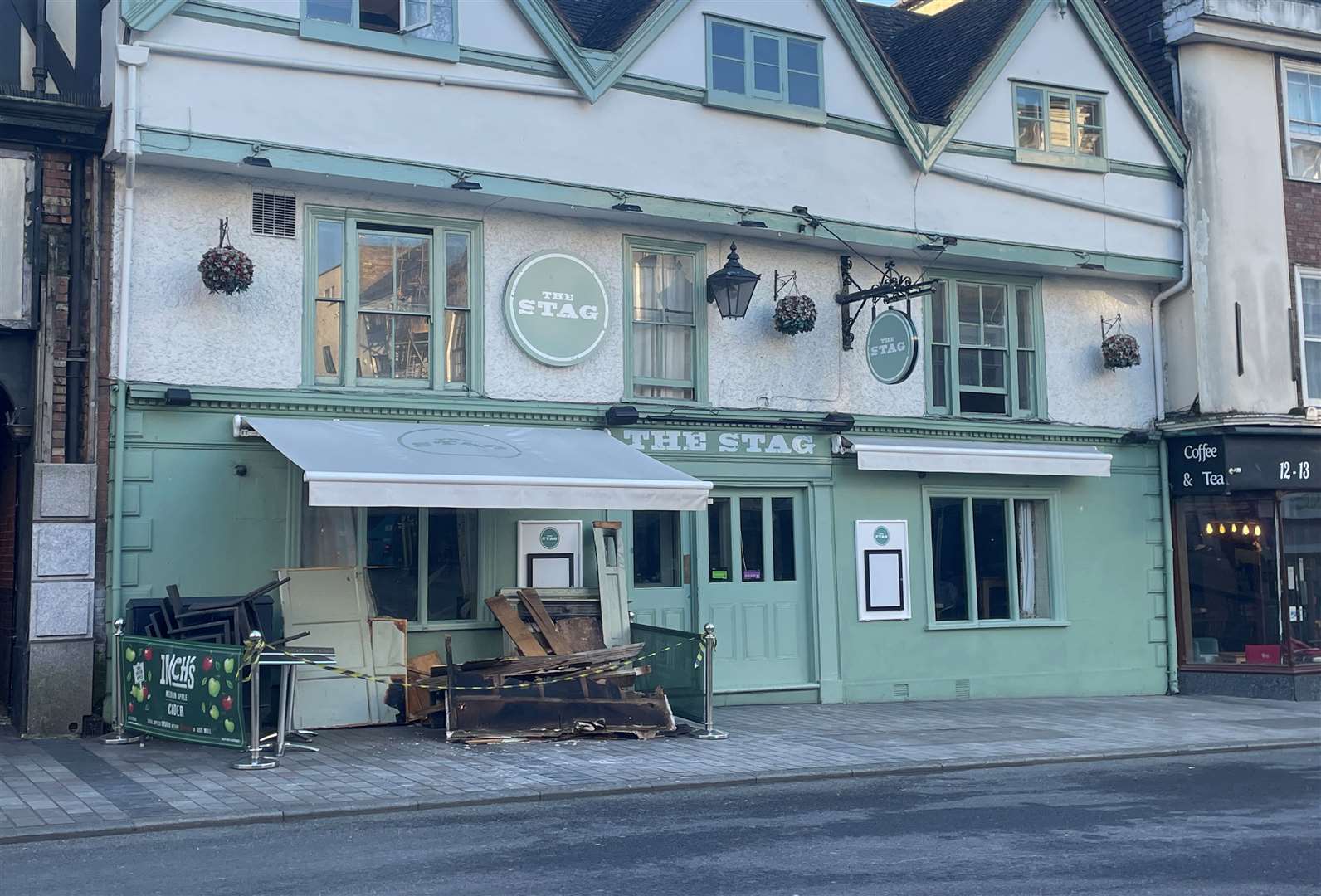 Burnt remains were left outside The Stag in Maidstone High Street after a fire last night