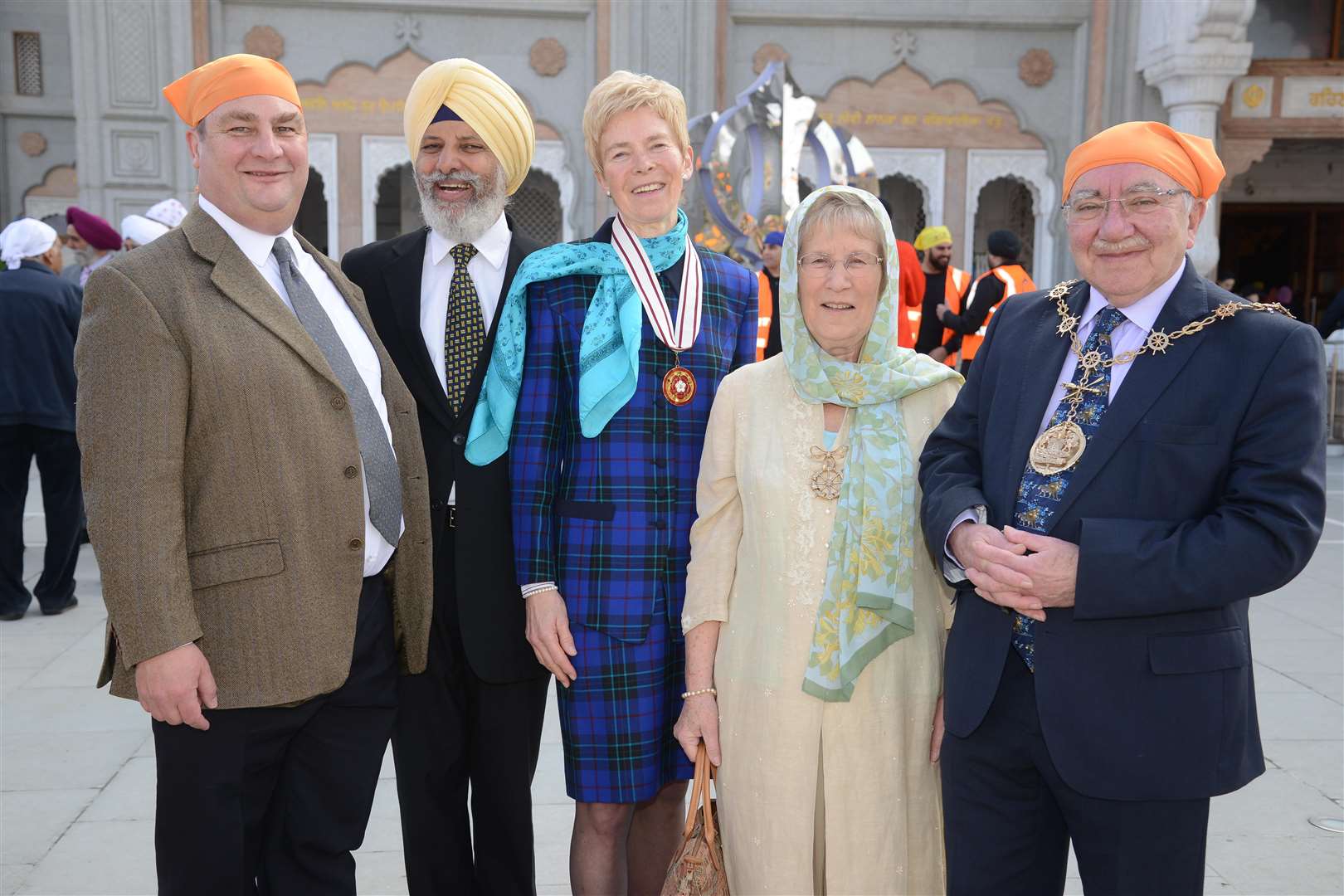 Cllr John Burden, Gurdwara Architect Teja Biring, Dept Lt Roemsary Dymond and Mayor and Mayoress of Gravesham.Vasakhi celebrations and parade. Guru Nanak Darbar Gurdwara, Gravesend. Picture: Gary Browne